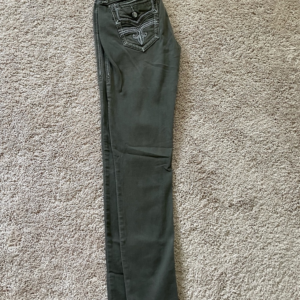 Rock Revival Green Skinny Jeans with Ornate Stitching - Picture 2 of 4